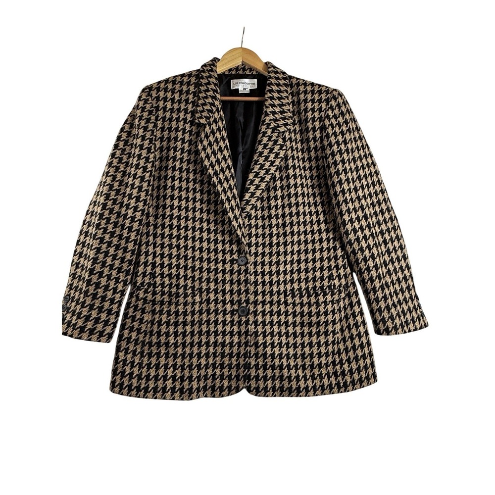 Liz Claiborne Collection Houndstooth Blazer Jacket Wool Blend Black Beige Size 8